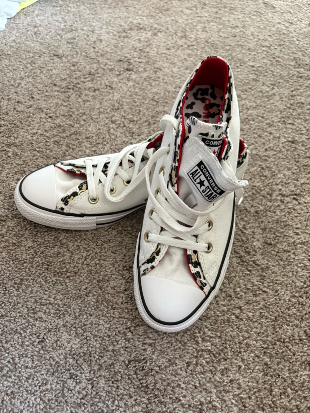Converse White Low Top Sneakers with Leopard Trim and Red Lining
